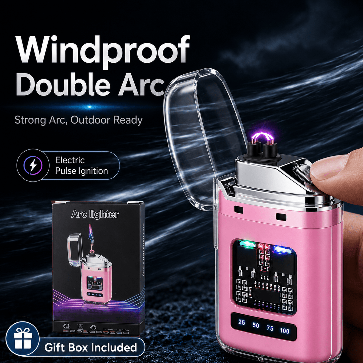 USB-C Rechargeable Plasma Lighter, Windproof Flameless Double Arc Electric Lighter with LED Battery Display, Transparent Portable Lighter for Candles, Camping - product image 9