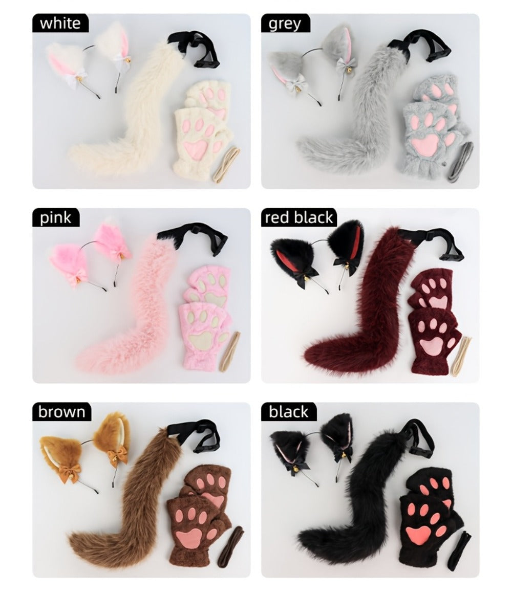Bell Ear Headband, Plush Paw Gloves & Adjustable Tail for Halloween, Cosplay, Role Play & Stage Performances, Cute Gift for Women Girls, Grey White Brown Pink - product image 16