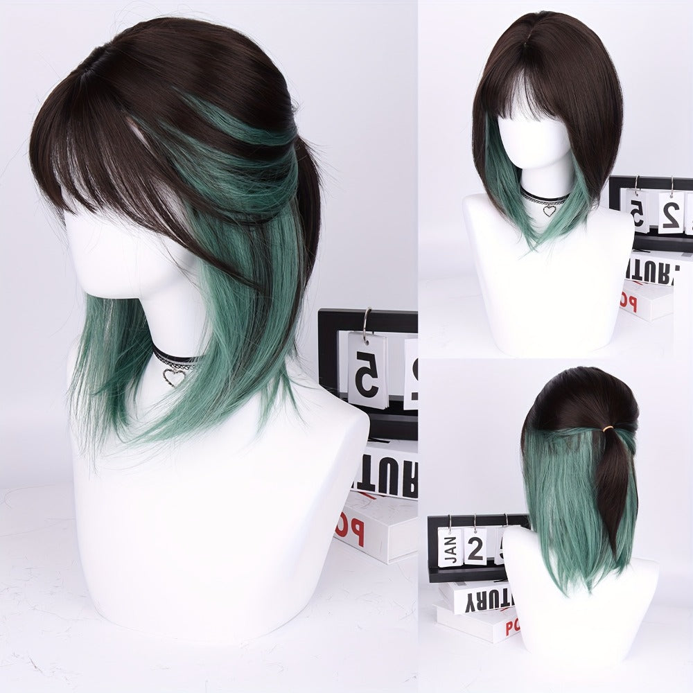 Ombre Synthetic Bob Wig with Bangs 150% Density 16 Inch Short Straight Rose Net Cap | Brown Black Wine Red Pink Green | Halloween Cosplay Party Music Festival - product image