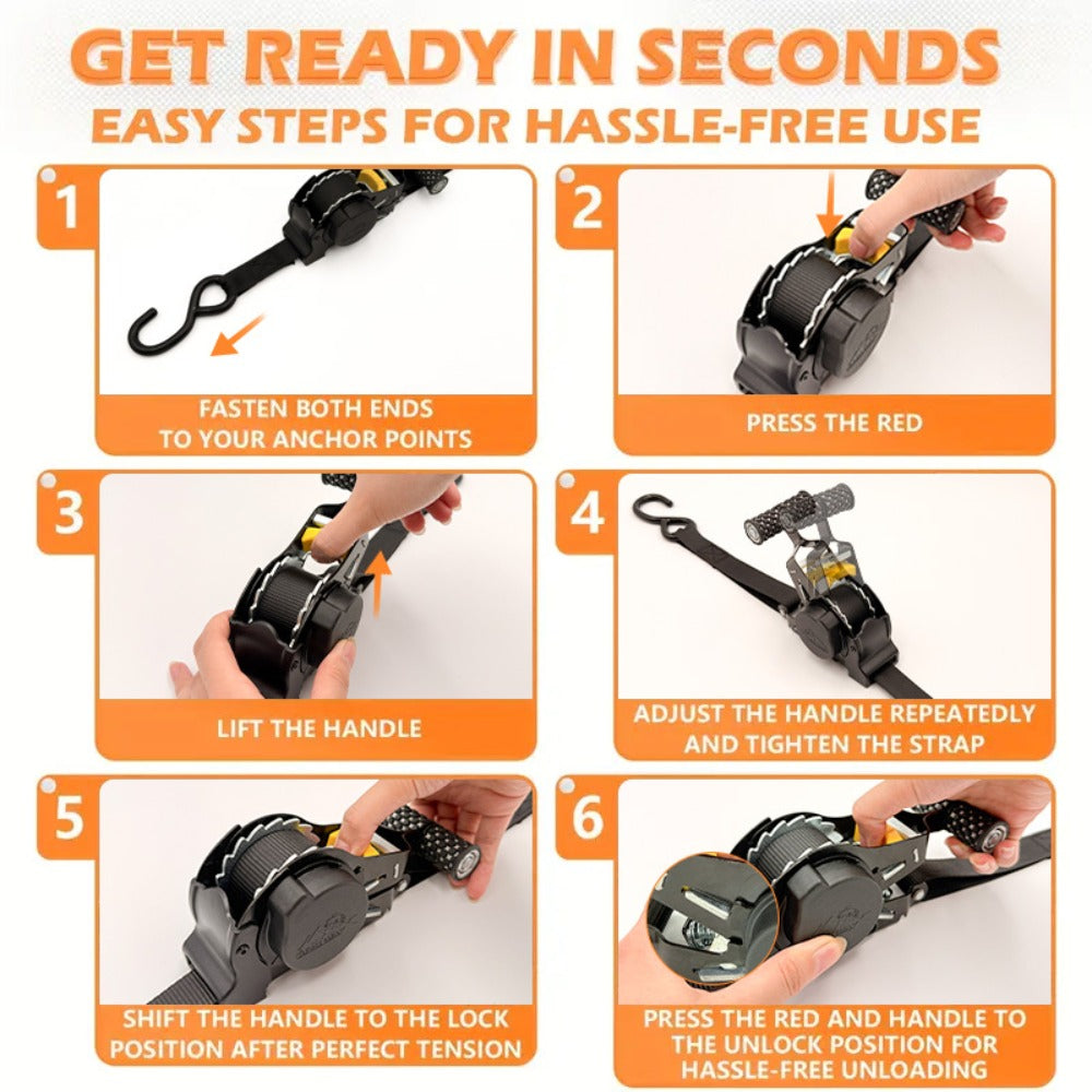 Self-Retracting Tie Down Straps 10 Feet Heavy Duty Ratchet Cargo Straps – Auto Retract for Truck Trailer Motorcycle Moving & Appliances, 1pc or 2pc Pack - product image 10