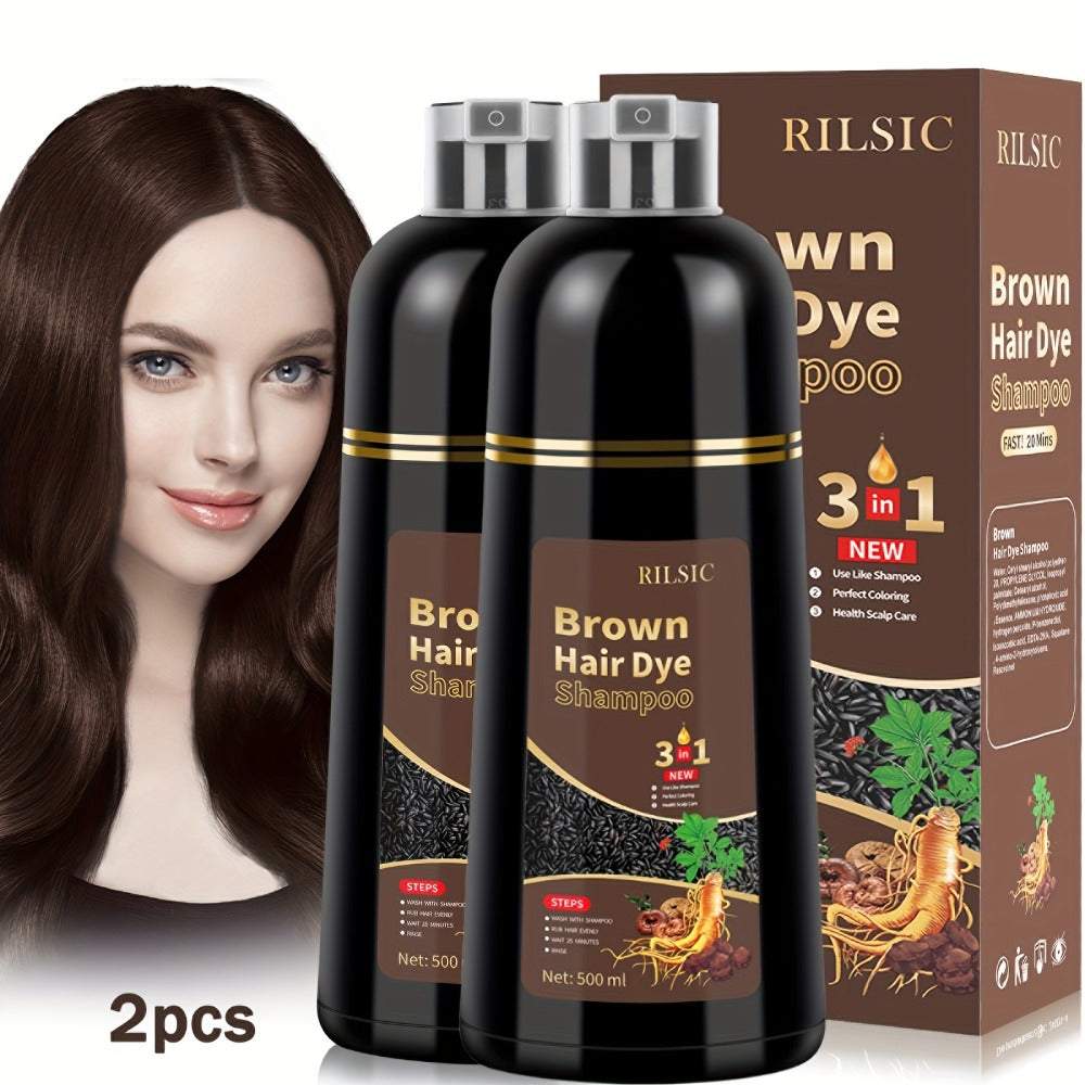 Grey Hair Coverage Shampoo 2 Pack 3-in-1 Herbal Hair Dye Kit with Plant-Based Squalane Colors in Minutes Includes Gloves Earmuffs Headgear Shawl Black Dark Brown Chestnut 500ml Eac - product image 7
