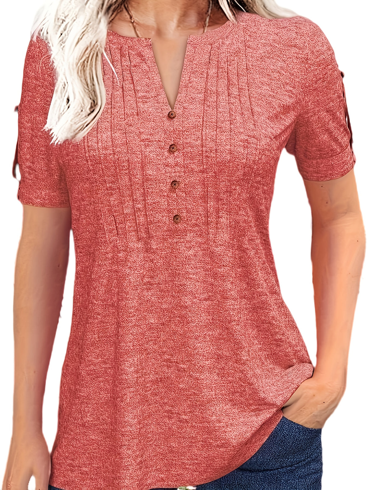Casual Short-Sleeve T-Shirt for Women, Featuring a Pleated Design and V-Neck in Solid Colors, Perfect for Summer - product image 7