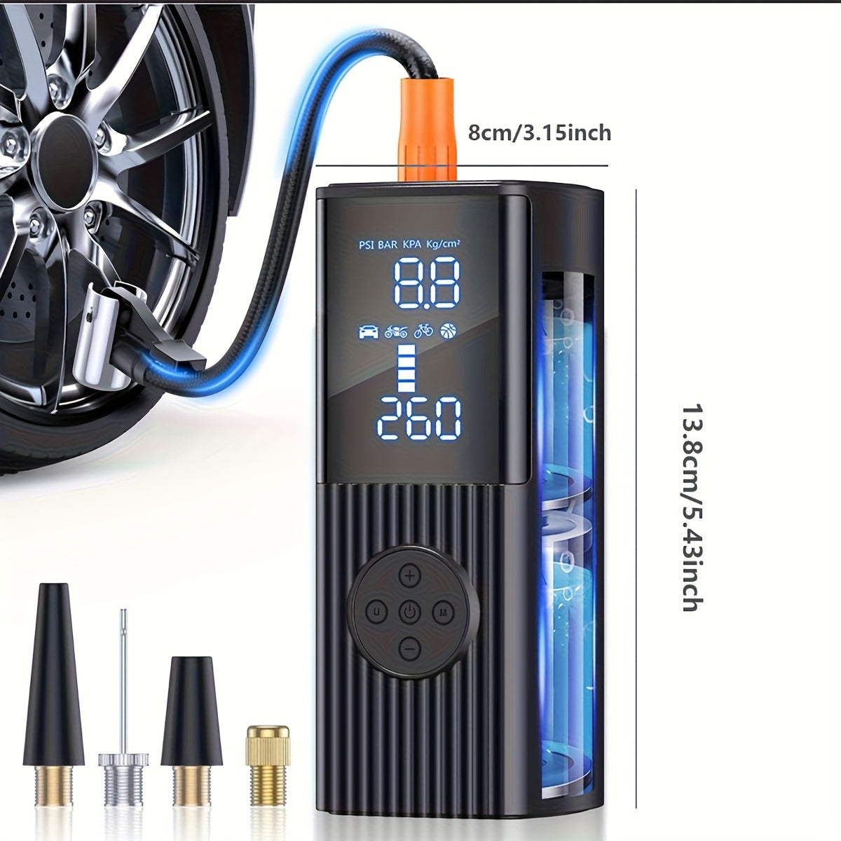 Portable Tire Inflator with Digital Pressure Gauge, Car Tire Pump, 210 PSI, 22 Cylinders, Rechargeable Battery, LED Light, Cordless Air Pump, Wireless Bicycle - product image 3