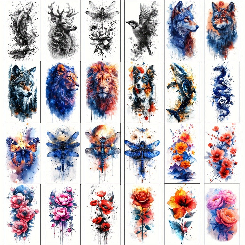 Watercolor Temporary Tattoos 24 Sheets for Women & Kids | Large Realistic Fake Tattoo Stickers Flower & Animal Designs Long Lasting Body Art Half Arm Tattoos - product image 3