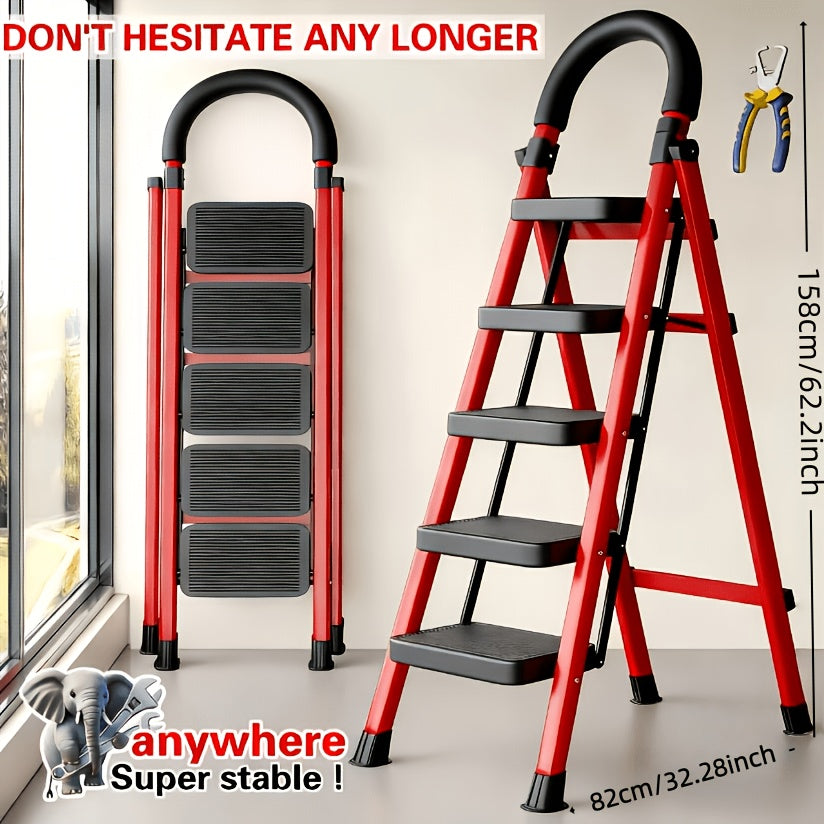 500lbs Load-bearing Folding Ladder | Heavy-duty Steel Step Stool with Anti-slip Wide Treads, Handrails, Safety Lock Design, Black and Red Color Scheme - product image 10