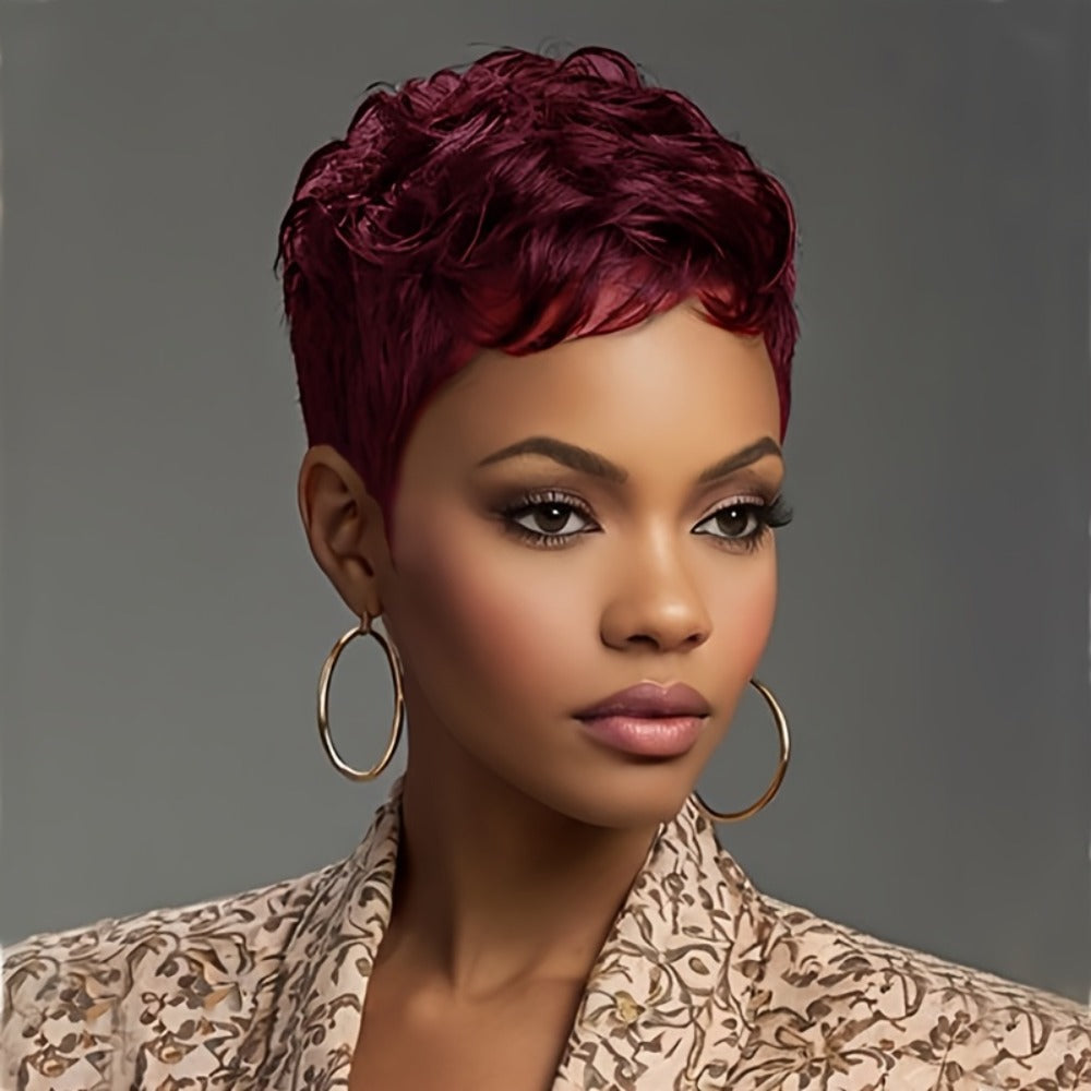 Layered Pixie Wig with Bangs Body Wave Rose Net Cap 4 Inch Synthetic Multi Color Black Burgundy Brown Red for Women Low Maintenance Casual Formal Daily Wear Party - product image 2