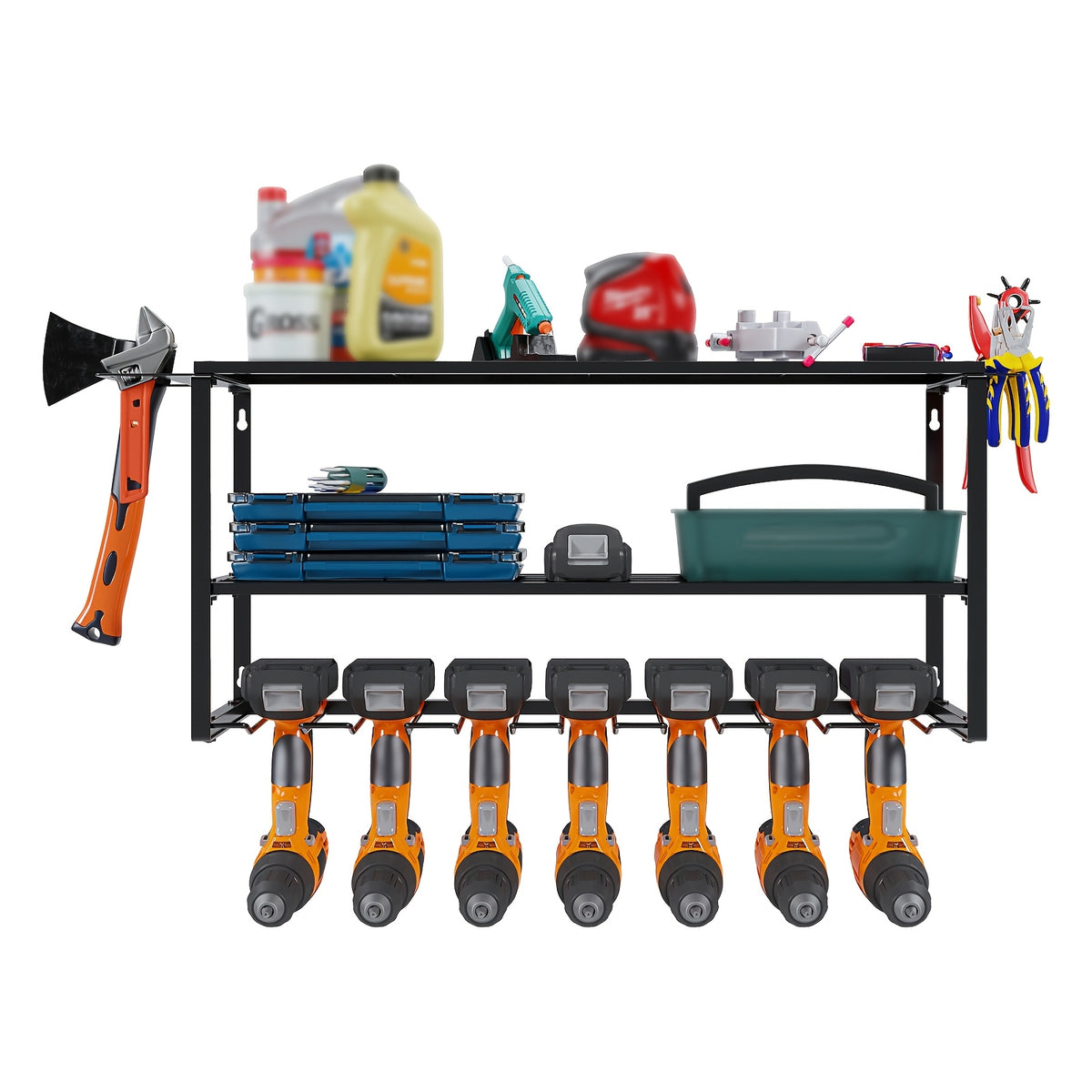 Power Tools Storage Rack, Wall Mount-150 Lb. (68 Kg) Load Bearing 3-story Storage Rack With 7 Bit Holders For Drilling Cordless Tools, Heavy-duty Iron Garage - product image 2