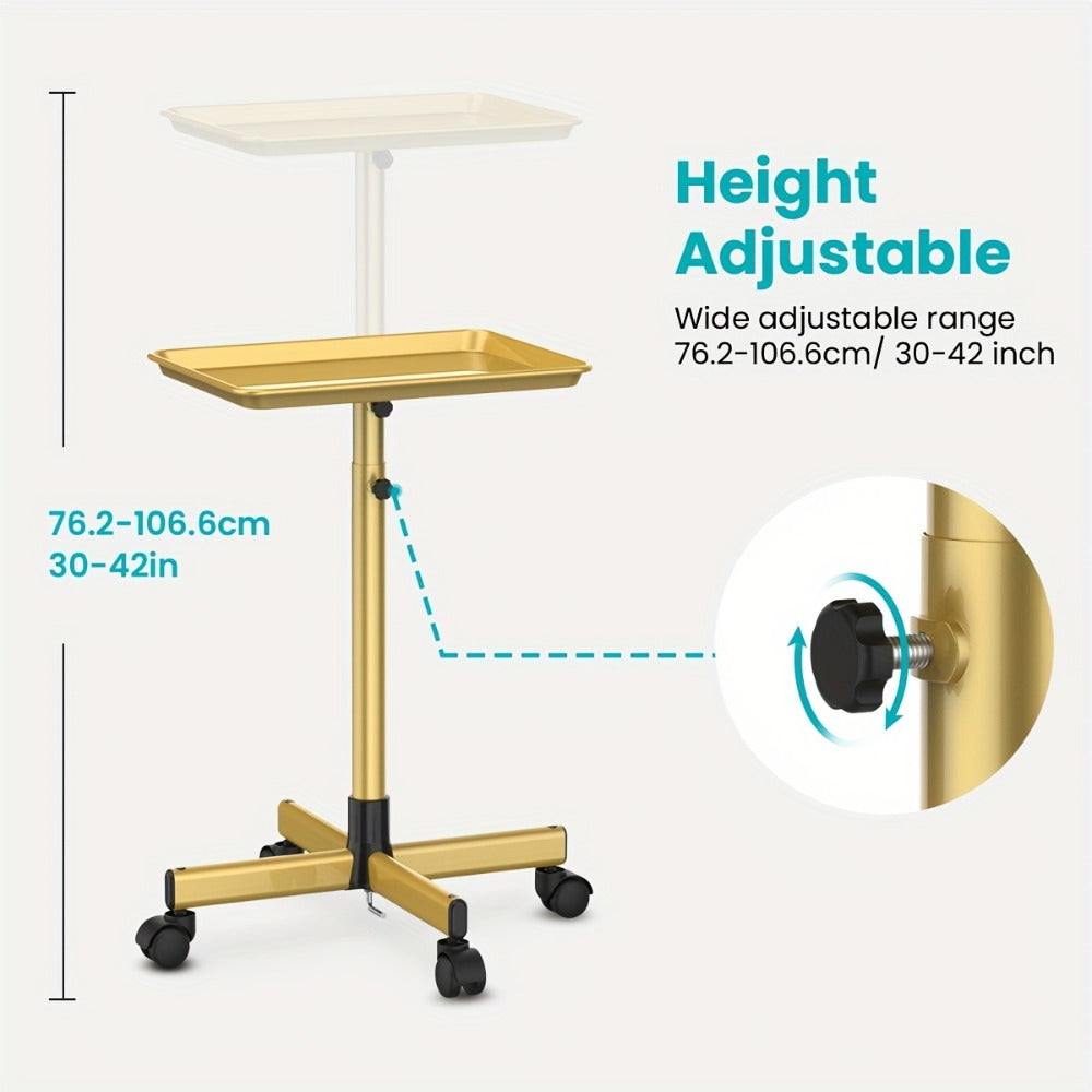 Salon Rolling Tray Cart with Wheels & Adjustable Height 30"-42" - Professional Trolley with Removable 18"x13" Tray, 360° Swivel Casters for Hair Stylist Tattoo Esthetician, Gold &  - product image 3
