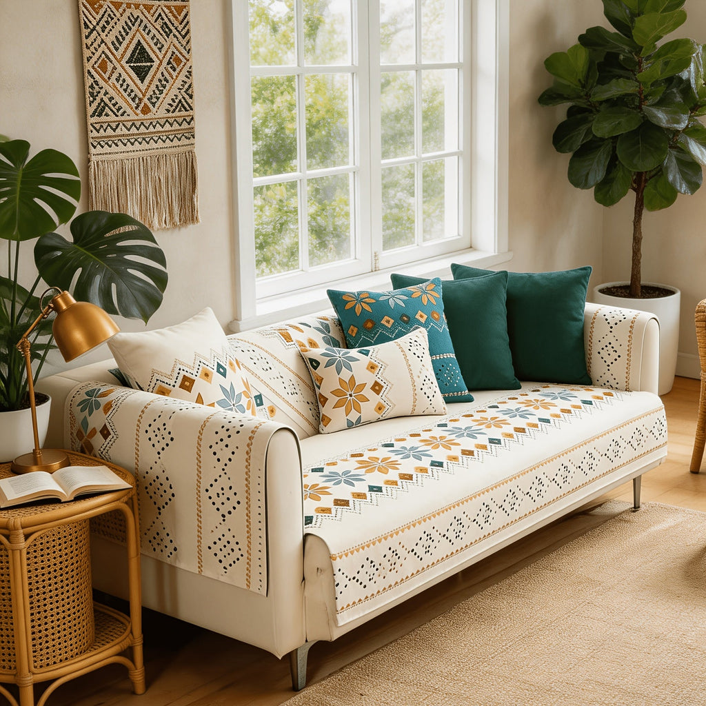 Chenille Sofa Cover Bohemian Style 1pc - Ethnic Pattern Anti-Slip Cat Scratch Resistant Skin-Friendly Couch Slipcover | 2 3 4 Seat Sizes White Green | Living Room Bedroom Office So - product image 14
