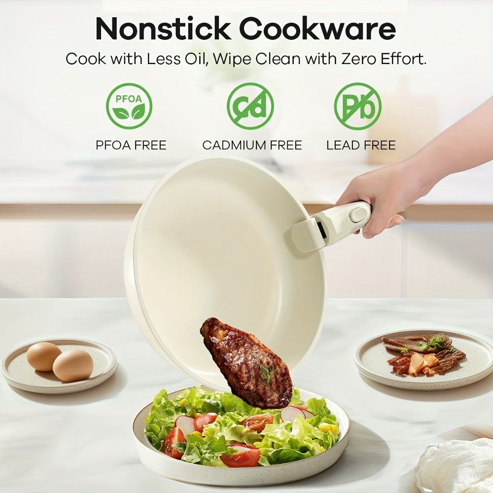 Nonstick Cookware Set 23 & 27 Piece with Removable Handles – Induction Oven Dishwasher Safe Pots and Pans | Non-Toxic Frying Pans Saucepans Space-Saving Kitchen Cooking Set in Beig - product image 4