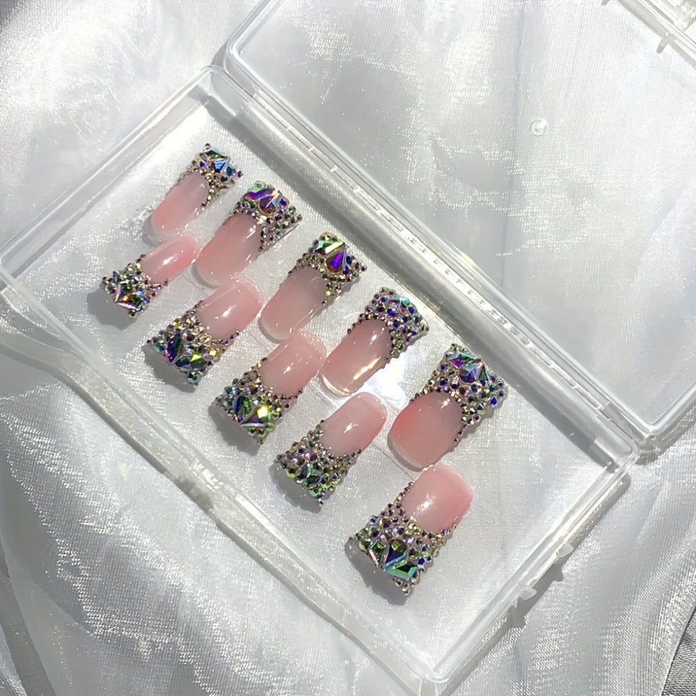 Press On Nails Duckbill French Tip AB Diamond Shiny Nude – Long Handmade Wearable Nail Set 10pcs with Tools for Wedding Party Date School S/M/L - product image 5