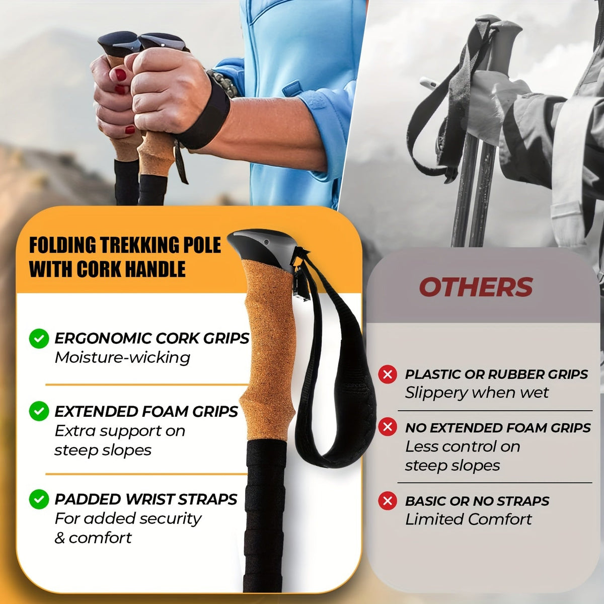 Folding Hiking Sticks with Cork Ergonomic Grip, Sweat-Absorbing Handle, Adjustable Walking Poles for Hiking, Camping & Mountain Travel | Lightweight Aluminum - product image 2