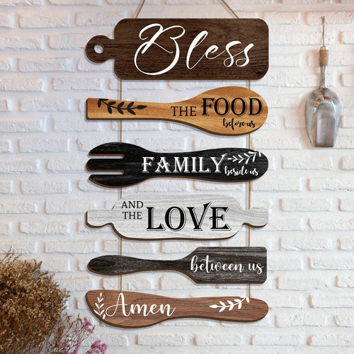 Farmhouse Wall Decor Wood Sign Set - "Bless The Food Before Us" Rustic Kitchen Dining Room Hanging Plaque, 6-Piece Rope Wood Board Art, Housewarming Thanksgiving Gift for Home - product image 2