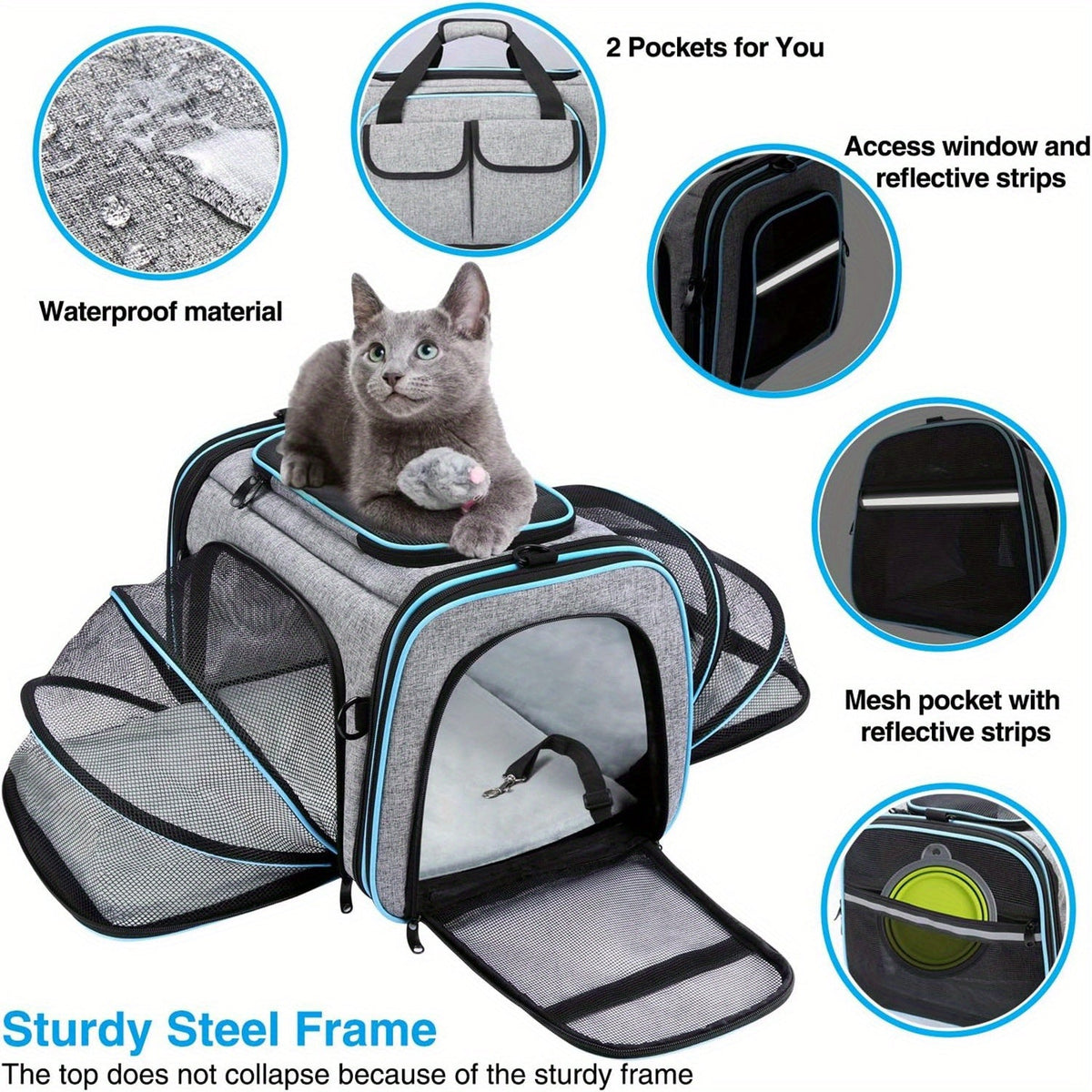 Airline Approved Expandable Pet Carrier Bag – Soft-Sided Polyester Travel Tote for Small Dogs & Cats, Removable Fleece Pad, Reflective Strips, Steel Frame, Top - product image 5