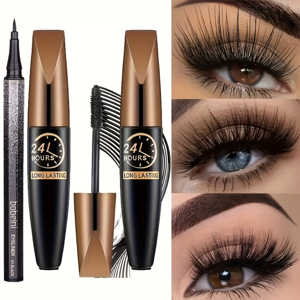 8D Fiber Mascara Set 2 Pcs Volumizing Lengthening Smudge-Proof Waterproof Long-Lasting Lash Extension Enhancer with Eyeliner Pencil Bold Black Eye Makeup Gift for Her - product image 7