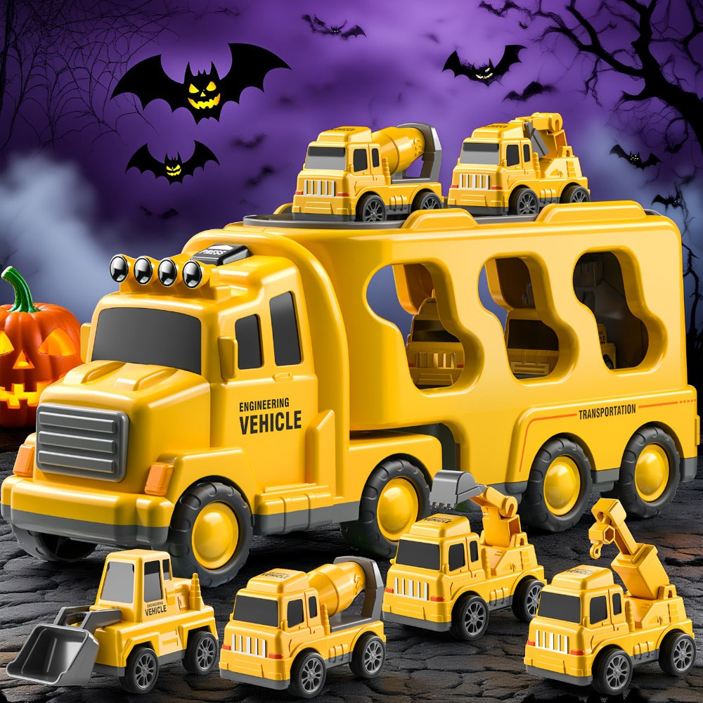 Construction Carrier Truck Toy Set for Kids Ages 3-7 | Large Transport Truck with 4 Mini Engineering Vehicles Excavator Crane Cement Mixer Bulldozer Friction - product image 3