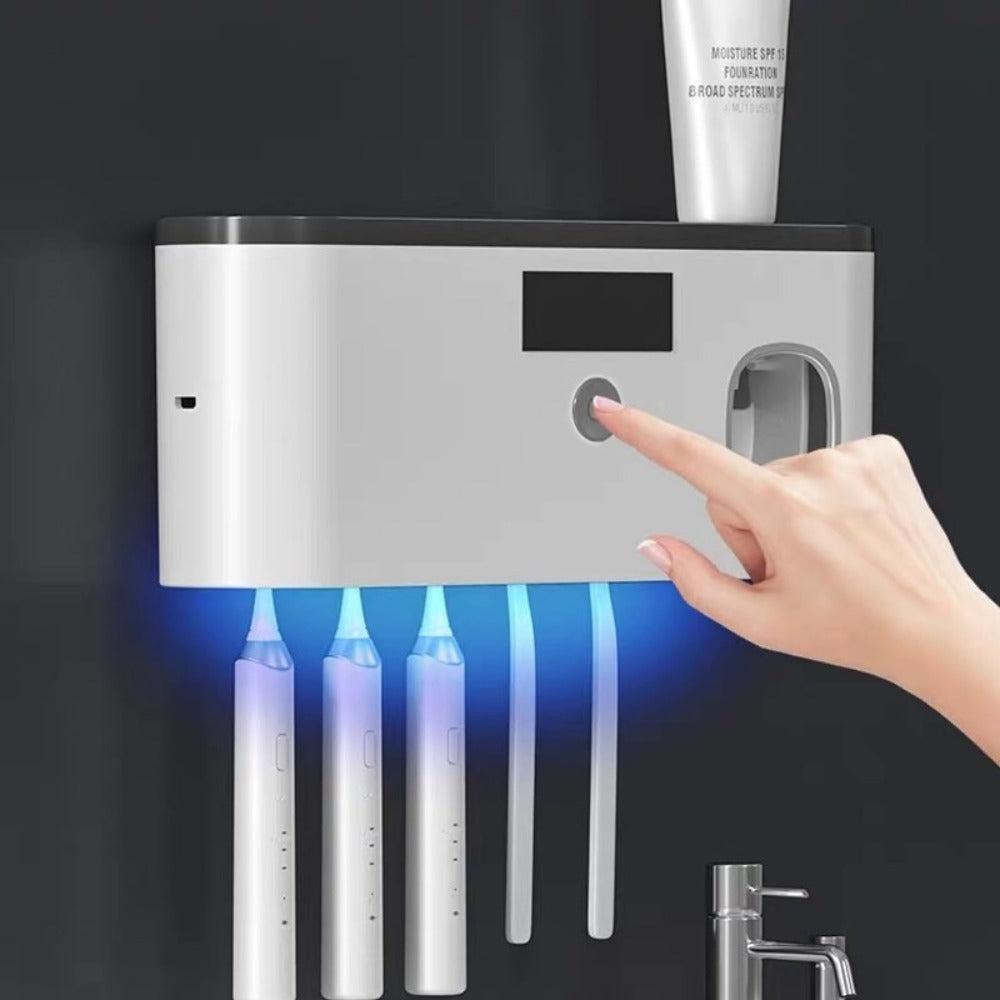 Toothbrush Holder Wall Mount with Toothpaste Dispenser Solar Rechargeable Cordless Space Saving Bathroom Organizer Toothbrush Storage for Bathroom Counter Vanity - product image
