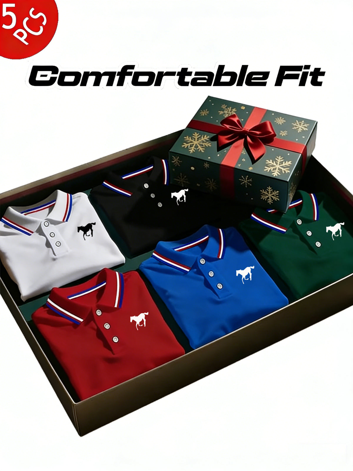 5pcs Men's Polo Shirt Set | Casual Fashion Loungewear | Solid Short Sleeve with Horse Print | Contrast Collar | Breathable Daily/Golf Shirt | Multiple Colors - product image