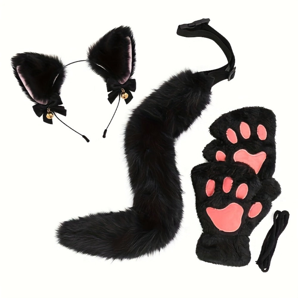 Bell Ear Headband, Plush Paw Gloves & Adjustable Tail for Halloween, Cosplay, Role Play & Stage Performances, Cute Gift for Women Girls, Grey White Brown Pink - product image 6