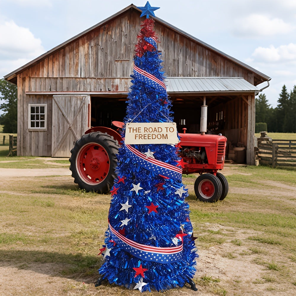 4th of July Decorative Tree 5ft LED Light, Foldable Patriotic Stars & Stripes Blue Christmas Tree with Red White Blue LED String Lights, Independence Day Party Decoration & Summer  - product image 7