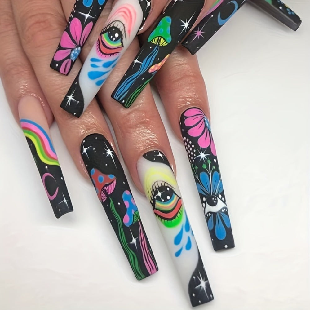 Press On Nails Set 120pcs 5 Boxes Extra Long Cosmic Eyes Crystal Rhinestones Matte Colorful Stripes Floral Glue-On Wearable Nail Art Variety Pack Festive Gift for Women Teens Party - product image 8