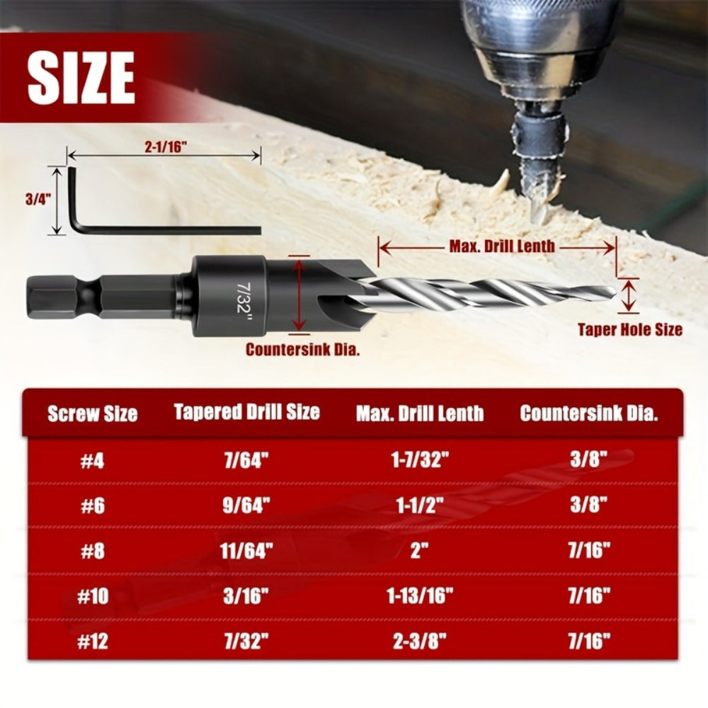 5pcs Countersink Drill Bit Set #4 #6 #8 #10 #12 Tapered with 1/4" Hex Shank Quick-Change – Adjustable Wood Counter Sinker Bits with Allen Wrench for Woodworking - product image 3