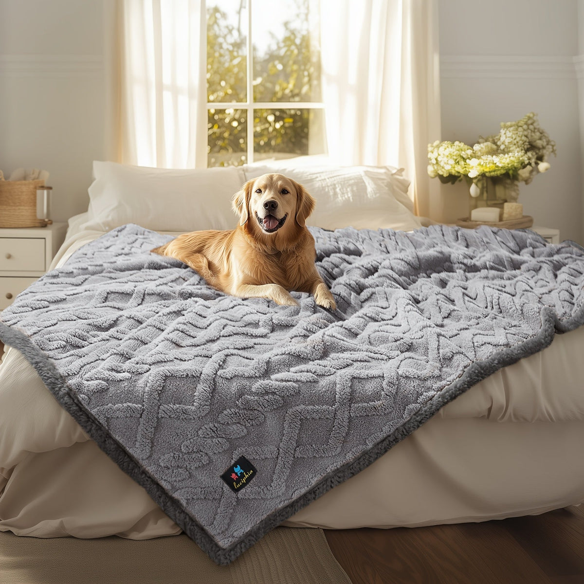 Reversible Sherpa Fleece Pet Throw Cover for Small Medium Large Dogs & Cats, 6 Sizes, 4 Colors – Liquid-Proof Dog Blanket for Sofa & Bed - product image