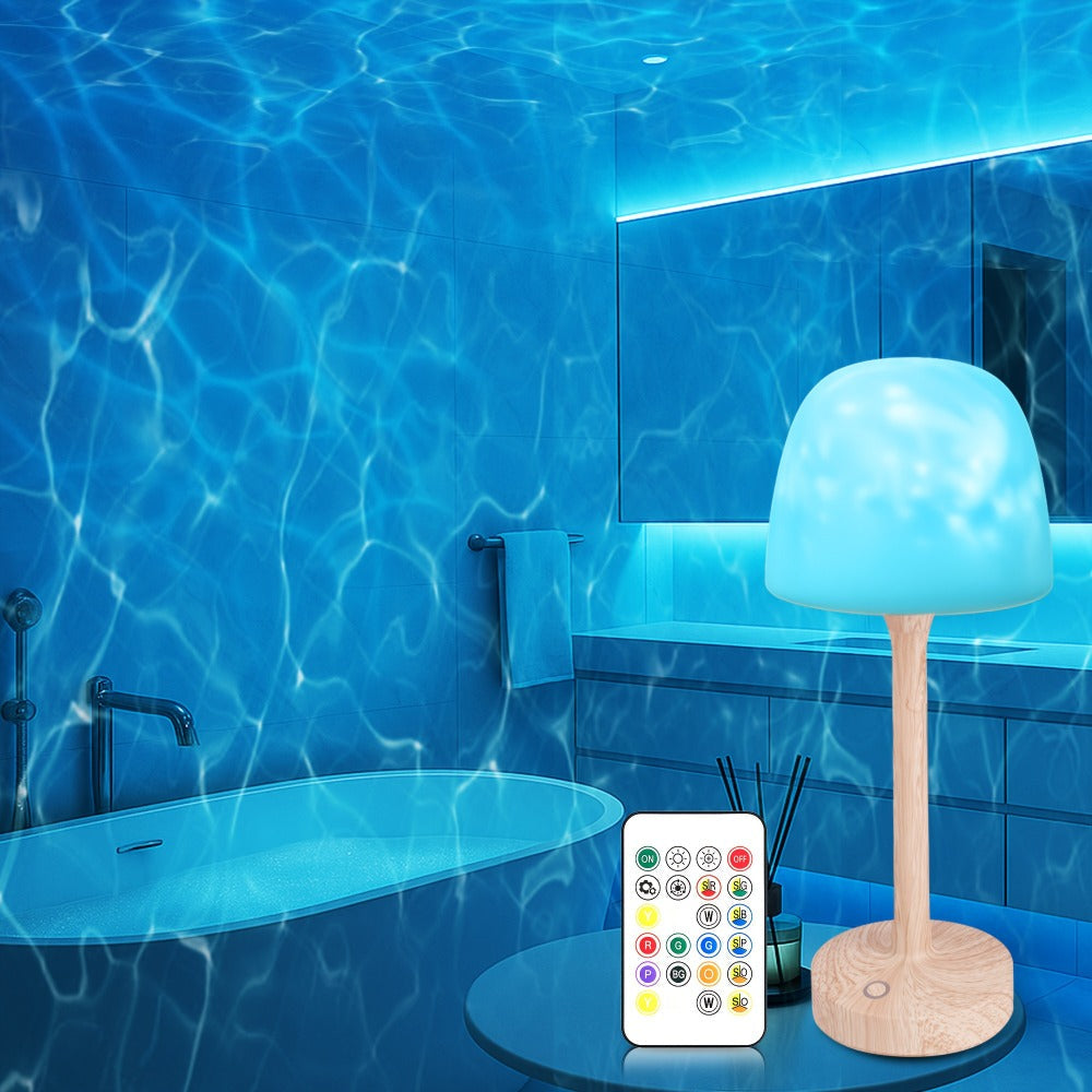 Ocean Wave LED Projector Lamp – 16 Color Rechargeable Cordless Night Light with Remote, Water Ripple Atmosphere Lamp for Bathroom Bedroom, Portable Table Lamp, RGB & Wood Base Opti - product image 5