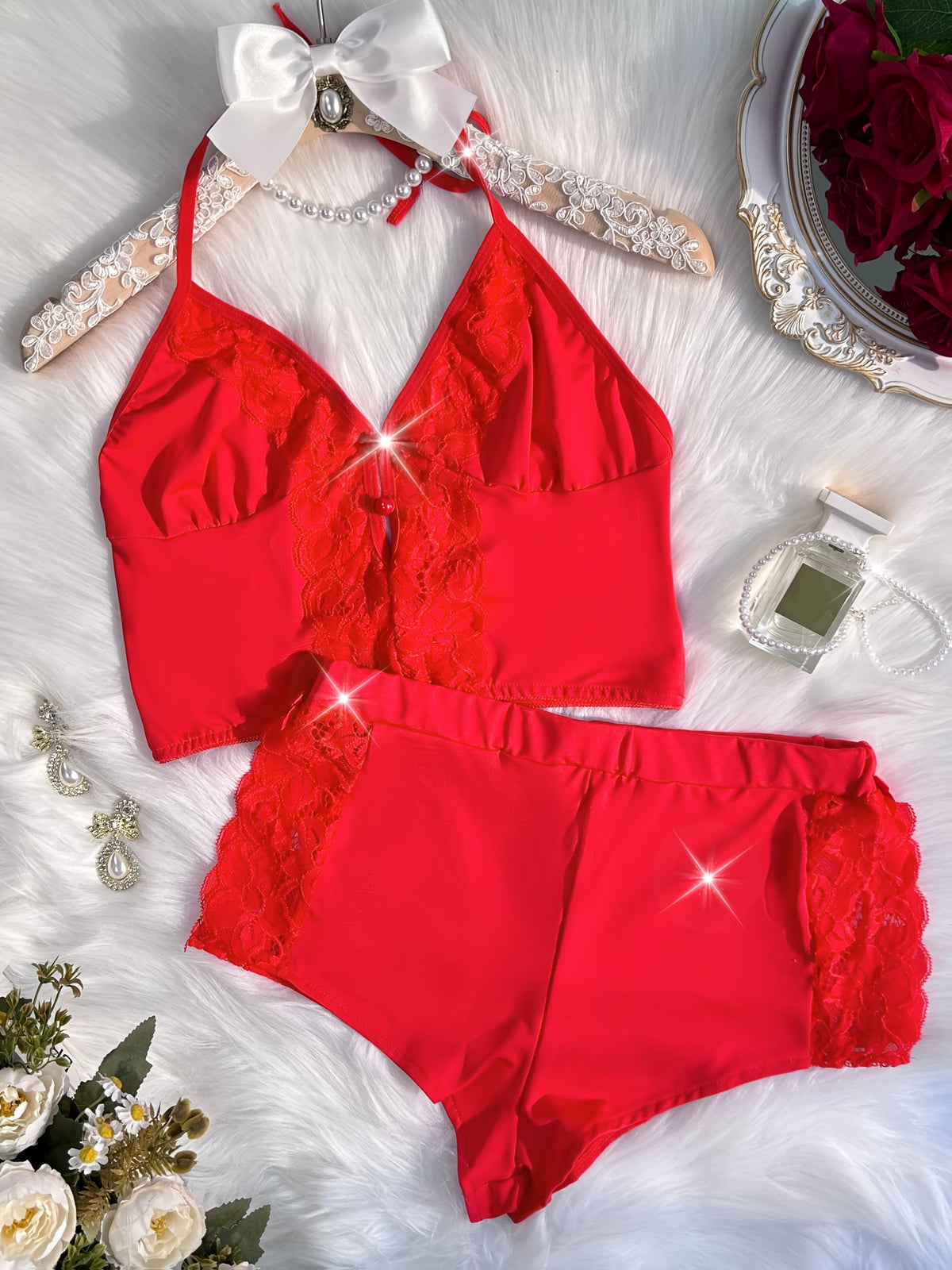 Solid Color Lace Splicing Halter Neck Tie Backless Button Splicing Bilateral Side Opening Lace Splicing Soft -friendly Sexy Home Pajamas Set - product image 7