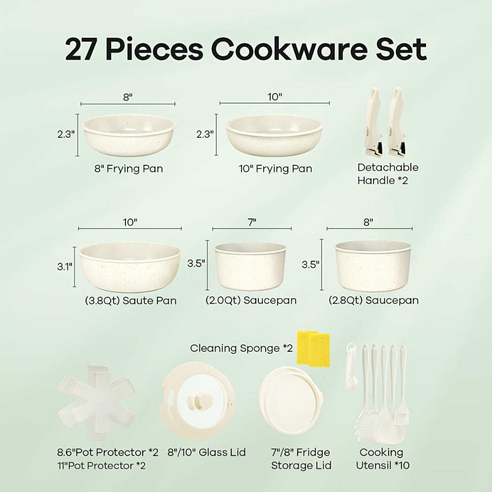 Nonstick Cookware Set 23 & 27 Piece with Removable Handles – Induction Oven Dishwasher Safe Pots and Pans | Non-Toxic Frying Pans Saucepans Space-Saving Kitchen Cooking Set in Beig - product image 5
