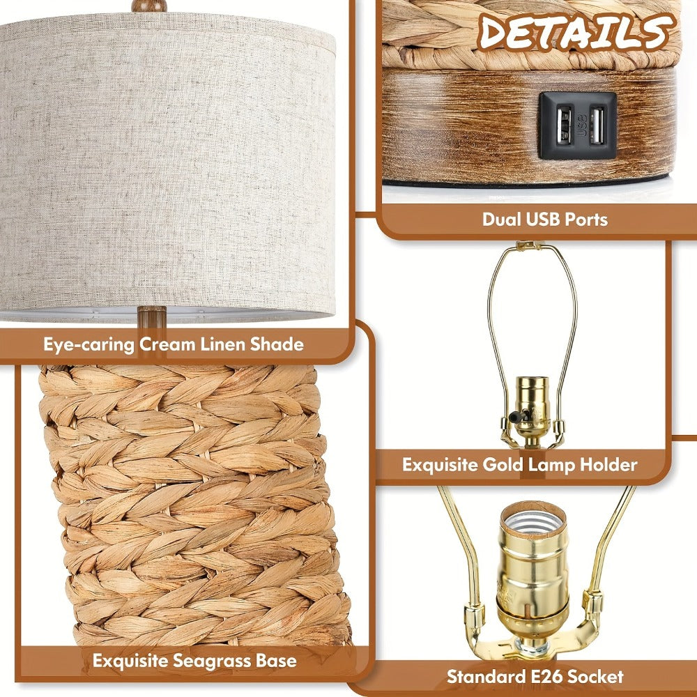 Rattan Table Lamp Set of 2 with USB Ports - 27 Inch Tall Woven Seagrass Bedside Nightstand Lamps for Living Room Bedroom End Table, Coastal Farmhouse Rustic Decor, E26 Socket Rotar - product image 5