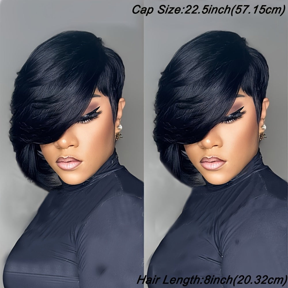 Pixie Cut Human Hair Wig with Bangs 8 Inch 200% Density Glueless | Side Part Layered Straight Rose Net Cap Throw On and Go | #1 #4 #99J Women Daily Party - product image 6