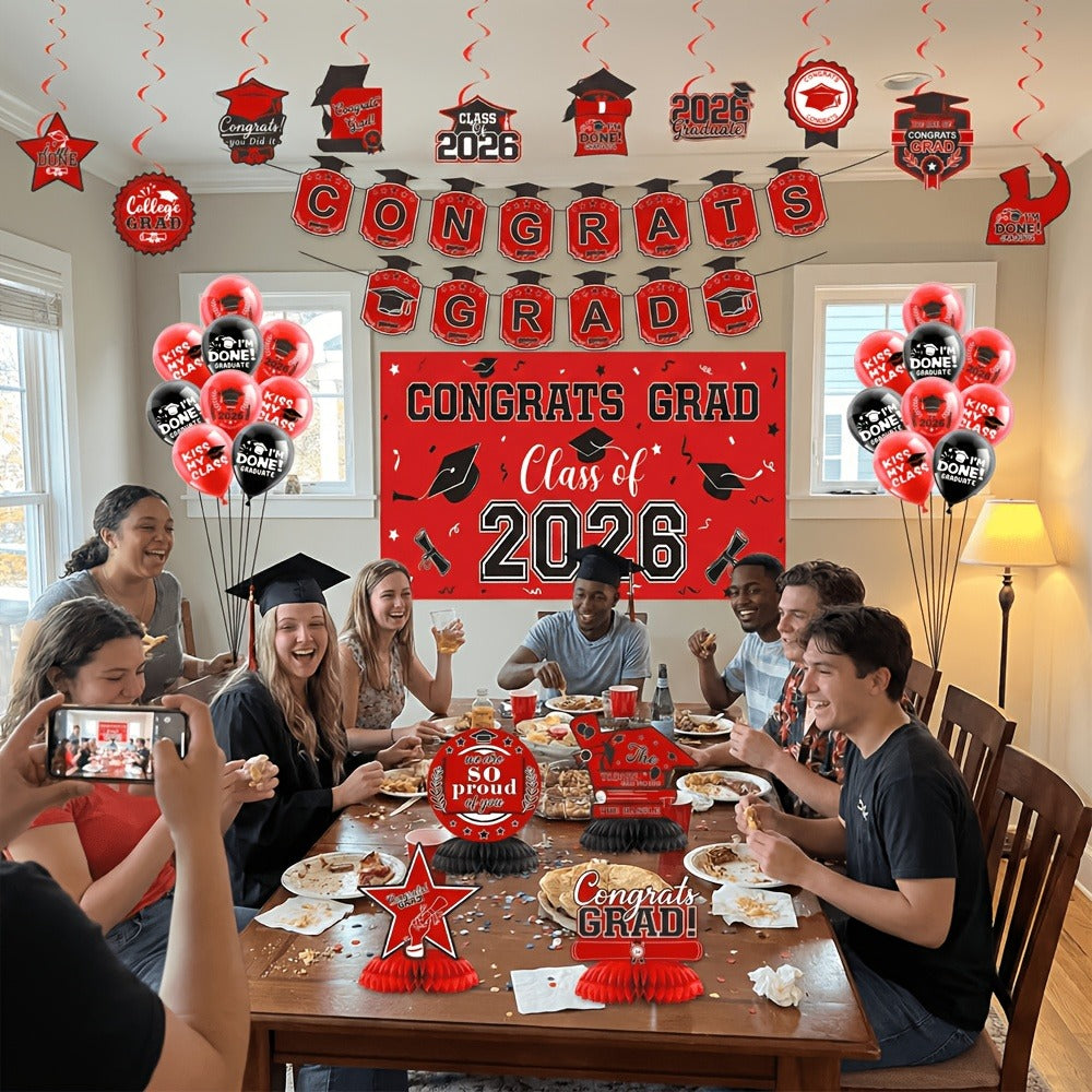 Complete Set with Backdrop Banner Hanging Swirls Balloons & Honeycomb Supplies, 6 Color Options Purple Maroon Blue Red Green Gold | Class of 2026 Graduation - product image 12
