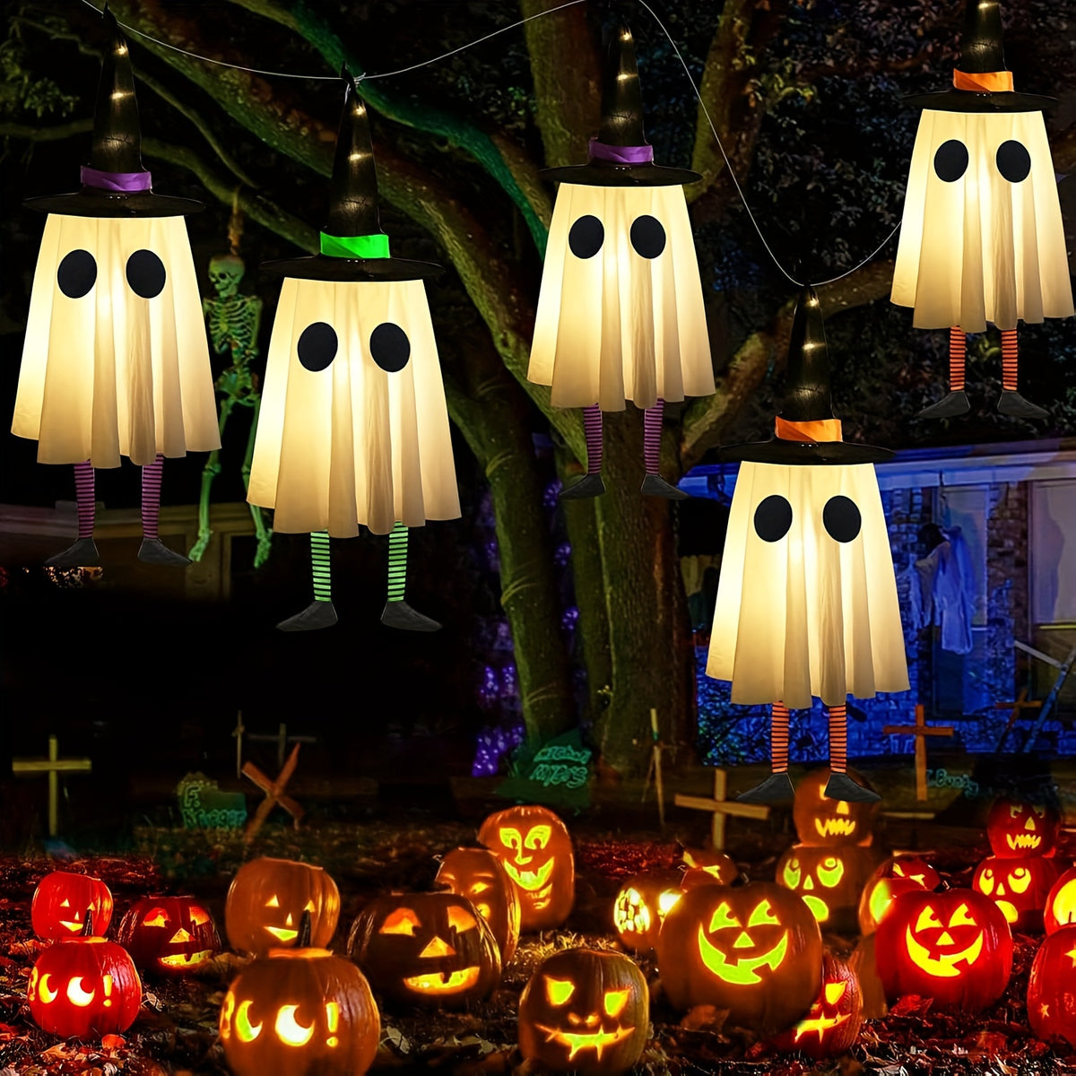3pcs Halloween Hanging Decorations, Outdoor Hanging Ghosts with Witch Hats and Glowing Lights; Suitable for Yards, Patios, Gardens, and Trees - product image 2