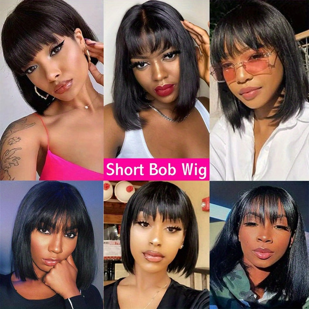 Brazilian Human Hair Bob Wig No Glue 200% Density Full Machine Made Straight with Bangs for Women | Natural Black 8 10 12 16 Inch | Glueless Beginner Friendly - product image 12