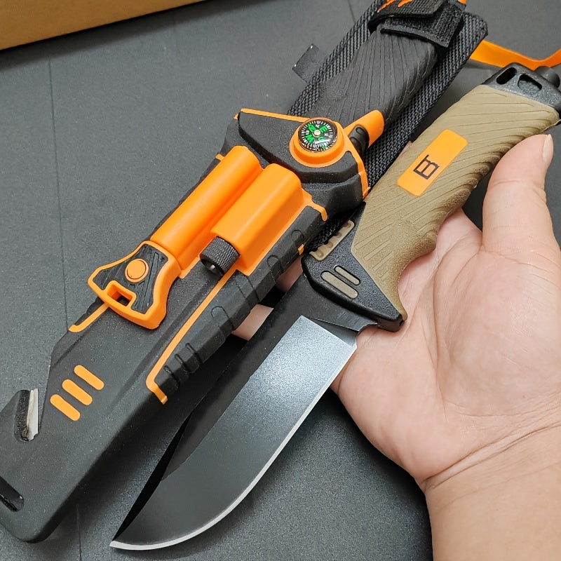 Fixed Blade Outdoor Camping Knife 9.64 Inch Stainless Steel – Non-Slip Ambidextrous Handle for Hiking Mountaineering Adventure – Survival Hunting Knife with Flint Fire Starter Night Light Sharpener Safety Sheath
