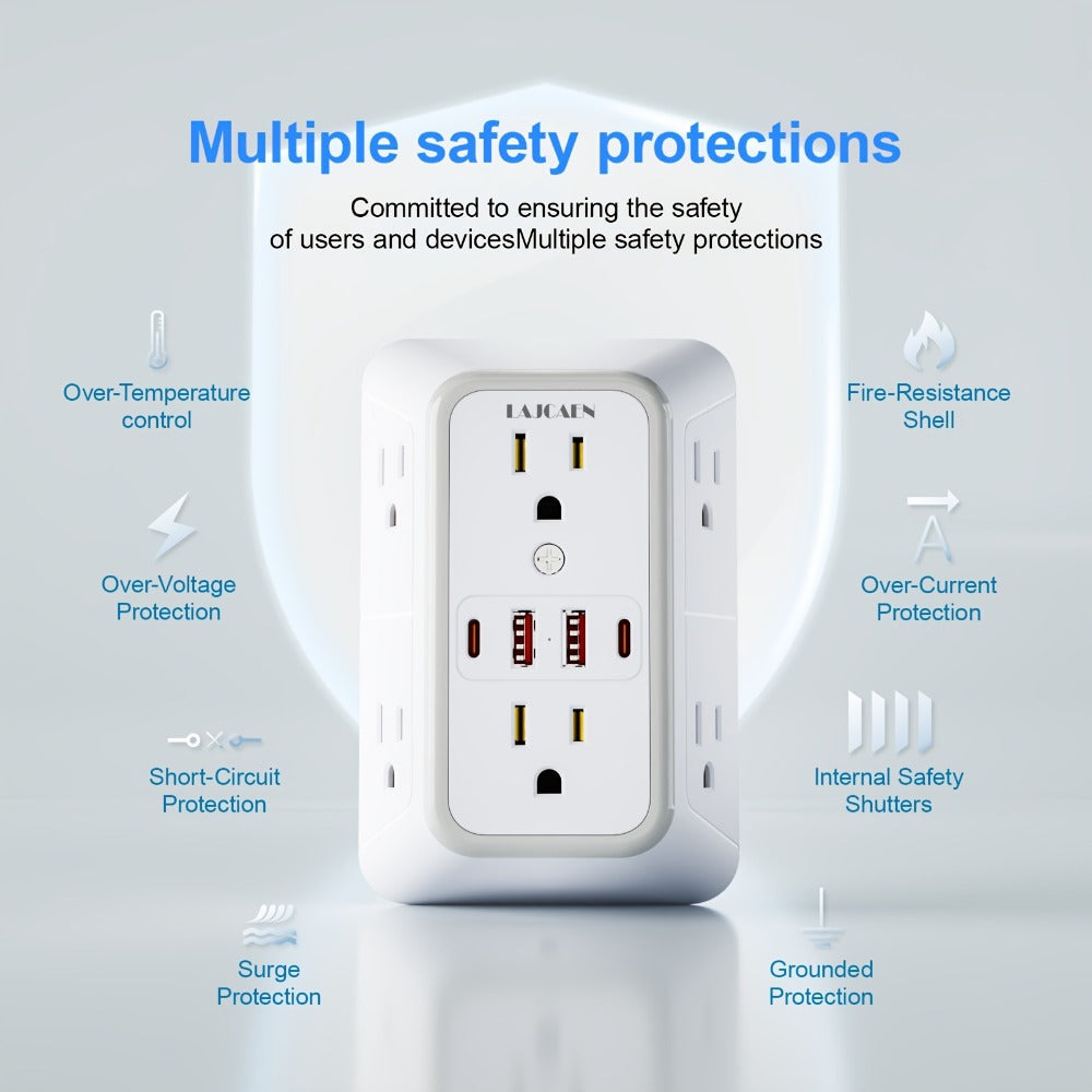 Outlet Splitter Wall Expander 10-in-1 with 6 AC Outlets 2 USB-A 2 USB-C Ports 3-Sided Plug Extender Surge Protector Night Light Compact Space-Saving Design for Home Dorm Apartment  - product image 3