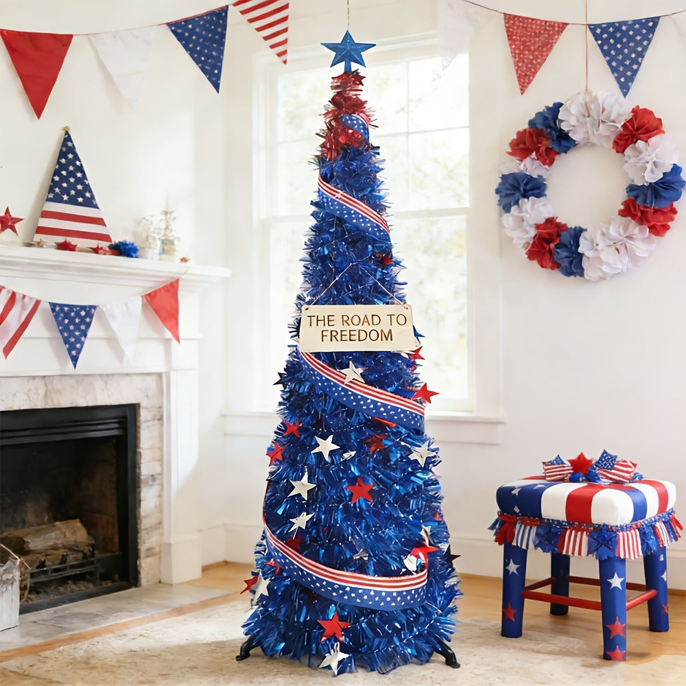 4th of July Decorative Tree 5ft LED Light, Foldable Patriotic Stars & Stripes Blue Christmas Tree with Red White Blue LED String Lights, Independence Day Party Decoration & Summer  - product image 5
