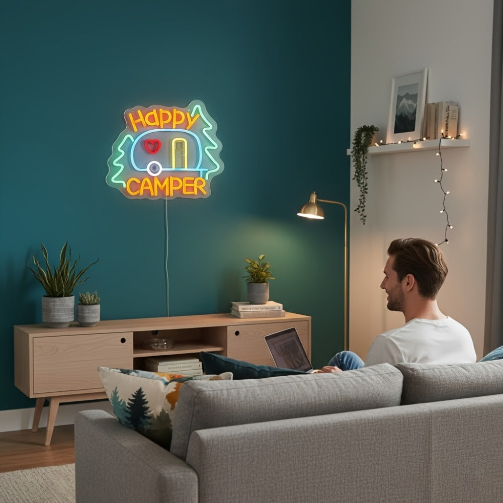 Happy Campers Neon Sign LED Wall Light | Illuminated RV Camper Decor Sign for Campsite Bedroom Man Cave Bar Party Polychrome Glowing Gift for Campers - product image 6