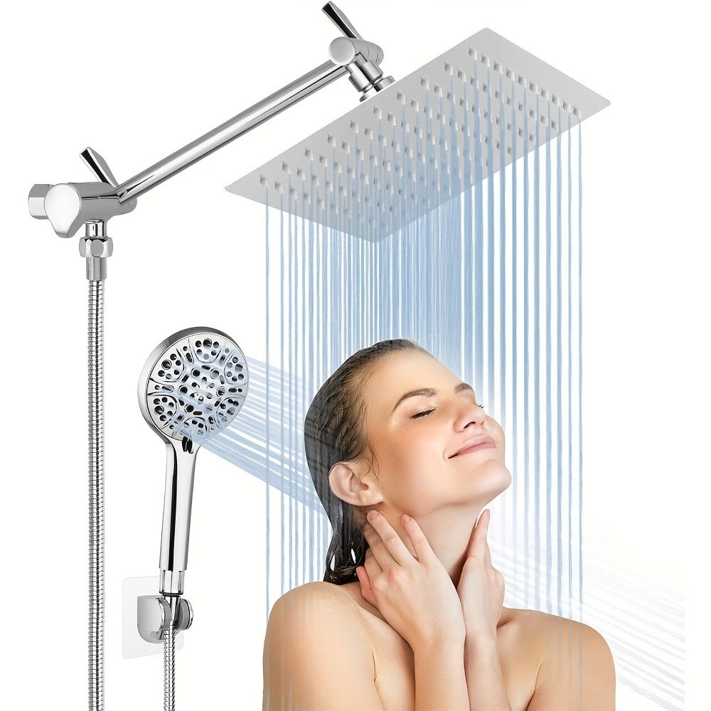 High Pressure Rainfall Shower Head Handheld Combo 4-Spray Modes 10 12 Inch Adjustable Extension Arm 78-Inch Hose Adhesive Holder Wall Mount Chrome Black Bathroom - product image 7