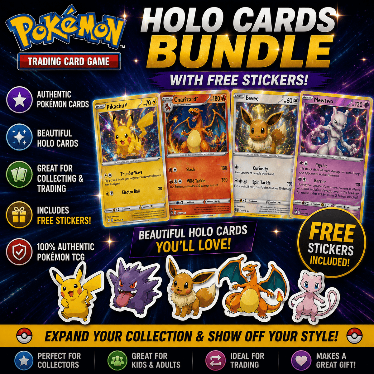 Holo Cards Bundle 25 Cards – Free Stickers Included – Authentic Holographic & Reverse Holo TCG Cards Assorted Sets – Gift for Kids & Collectors - product image 3
