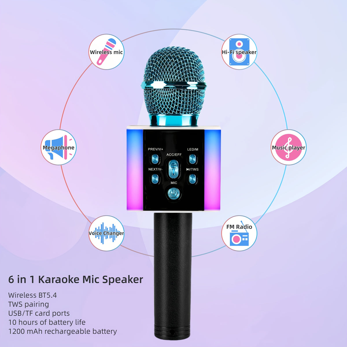Wireless Karaoke Microphone Speaker with LED Lights and Fun Voice Changer - Portable Singing Mic, Perfect for Holiday Parties, Christmas Family Gatherings, New Year Celebrations