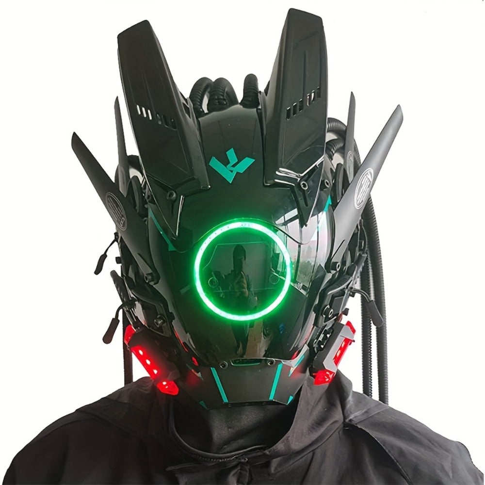 LED Punk Mask with Tubular Braids & Helmet | Futuristic Sci-Fi Mechanical Cosplay Mask for Halloween, Rave Music Festival & Party, Blue Green Pink, Handmade - product image 5