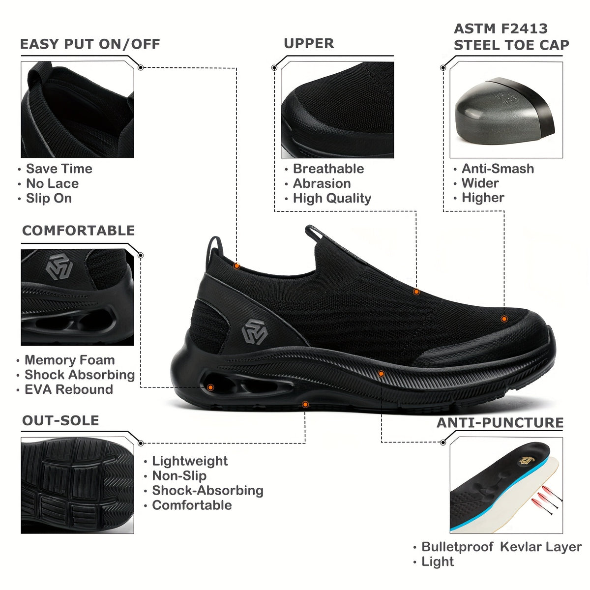 Men's Lightweight Slip-On Steel Toe Work Shoes - Comfortable Sneakers, Puncture-Resistant Loafers, Work Shoes for Men, Available in Black/Grey/Blue, Sizes US - product image 9