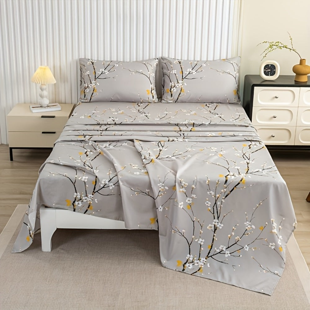 Fitted Sheet Set 4-Piece Plum Blossom Floral Print | Deep Pocket 15" Bed Sheets Twin Full Queen King | Soft Polyester Bedding Set with 2 Pillowcases, All-Season Machine Washable - product image 6
