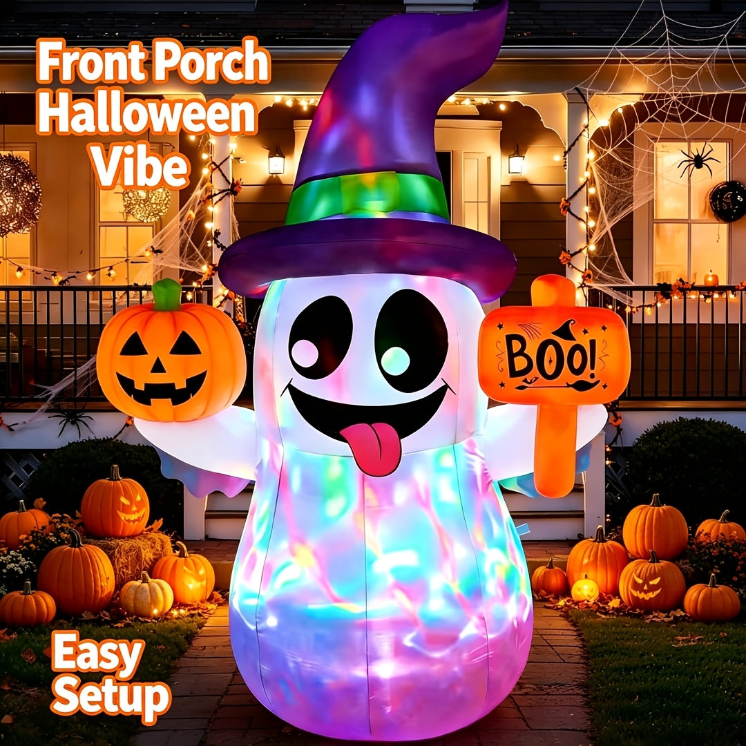 5 FT for halloween Inflatables Ghost Outdoor Decorations, Blow Up Cute Wizard Ghost With Pumpkin, Blow Up Yard Decoration With Rotating Colorful LED For - product image 3
