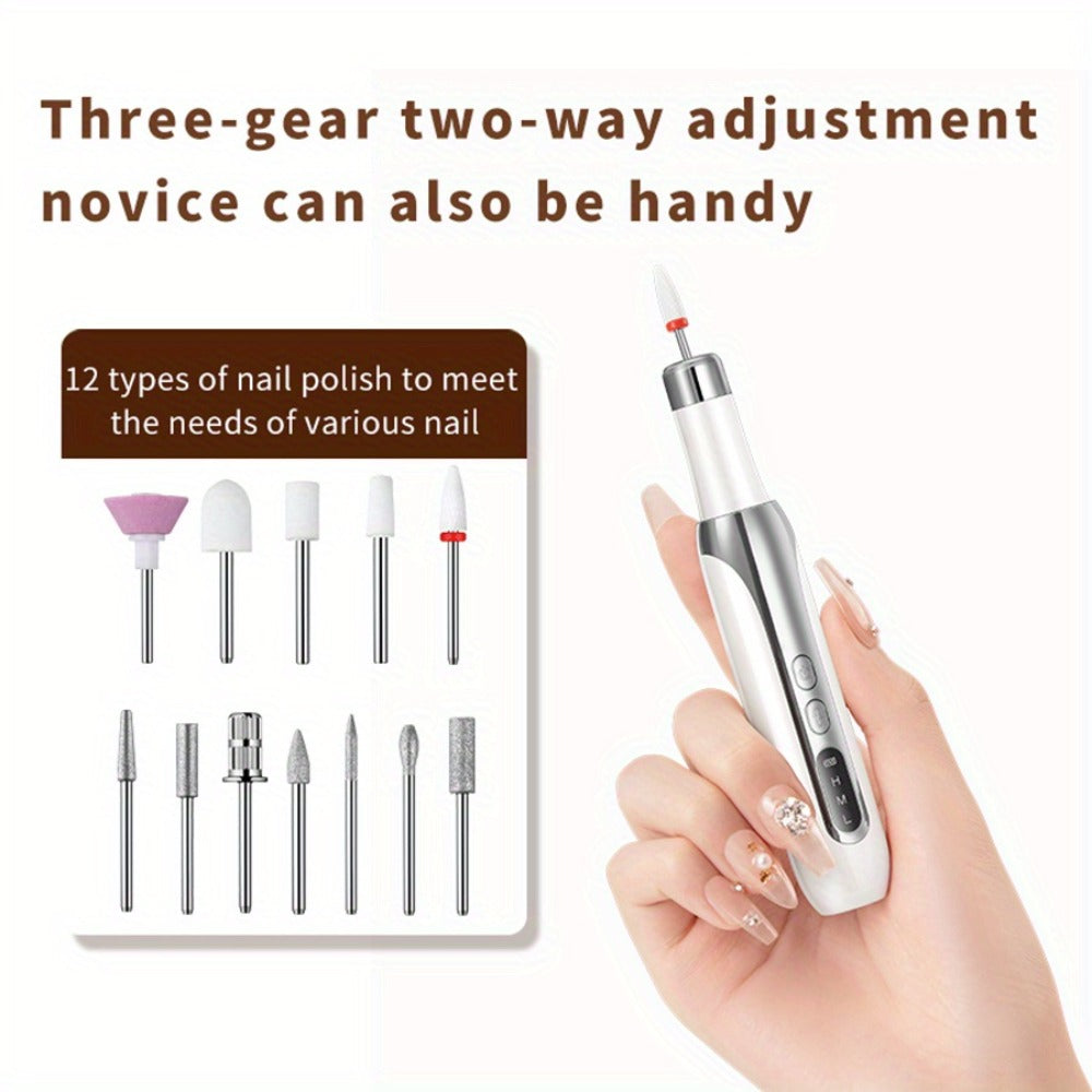 Electric Nail Drill Cordless USB Rechargeable 12 Bits Sanding Bands Manicure Pedicure Kit Low Noise Portable Pen Style Home Salon Beginner Professional Golden White - product image 10