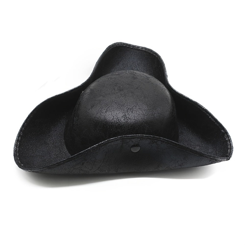 Pirate Tricorn Hat Faux Leather Wide Brim | Vintage Distressed Pirate Hat for Men Women, Halloween Costume, Cosplay, Renaissance Fair & Themed Party Accessory, Black & Brown