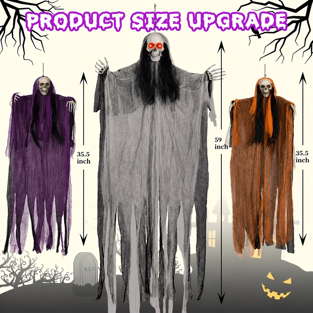 Halloween Decorations: 3pcs Hanging Skeleton & Set (Sound-Activated Light-Up Eyes) Indoor/Outdoor Yard & Lawn Spooky, Colorful Fabric "Grim Reaper" - product image 3