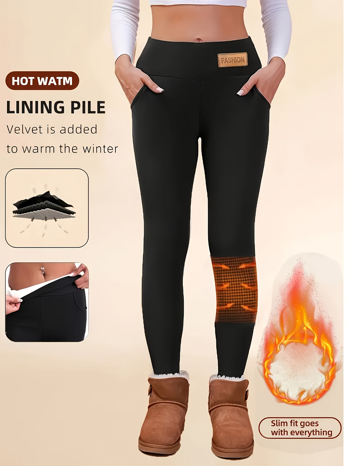 1 Pair Women's High-Waisted Thermal Long Pants, Elastic Warmth with Stretch Waistband Detail, Solid Color, Fabric, Autumn/Winter Collection